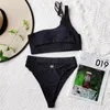 Women's Swimwear Sexy Tummy Cut Out Female Swimsuit High Waist Bandage Single Shoulder Bikini Set Women Solid Two-pieces Bather