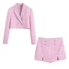 Damen-Trainingsanzüge, Shorts-Sets, Damen-Outfits, elegantes Hahnentritt-Tweed-Set, verkürzter Blazer und Skort mit hoher Taille, falscher Schmuckknopf, 2 Pie