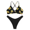 Costumi da bagno da donna Bikini da donna con stampa floreale girasole Costume da bagno a vita alta in due pezzi con spacco a triangolo brasiliano Pantalone tinta unita