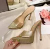 Flash-Gold-PVC La Gianvito Rossi-Hausschuhe, hochhackige Sandalen, Stiletto-Pantoletten, Leder-High-Heels, Slip-On-Schuhe mit offener Spitze für Damen, Designer-Schuhe, Abend-Fabrikschuhe