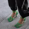 Сексуальные зеленые сетчатые женские туфли-лодочки, сандалии, женские туфли-лодочки с квадратным носком на высоком каблуке, на шнуровке, с перекрестной шнуровкой, на шпильках, с полыми праздничными туфлями, женские 220421