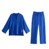 Kadın takım elbise 2-piece sonbahar moda basit gevşek mavi v yaka rahat sokak gençlik kadınlar 220315