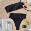 Women's Swimwear Sexy Ribbed Strapless High Waist Bikini Set Female Black Bandeau Swimsuit Women Two-pieces Bather Bathing Suit