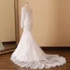 Elegant V Neck Mermaid Wedding Dress Appliques Tulle Long Lace Sleeves Wedding Gown Robe De Mariee Real Images