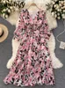 Women Chiffon Floral Dress Korean V Neck Short Sleeve Belt A-line Dress Summer Boho Print Ruffles Beach Midi Dress 220516