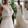 Vestido de novia brudklänningar Boho bröllopsklänningar 2022 V Neck strand spets elegant bohemisk tyll sexig backless mantel de mariage260t