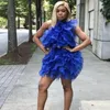 High Street Royal Blue Draped Tulle Mini Women Dresses One Shoulder Sequined Ruffles Short Outfit Vestidos Casual