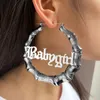 Hoop Huggie Punk Altın Gümüş Renk Büyük Yuvarlak Bambu Küpe Kadınlar için Babygirl Mektup Dairesi Kişilik JewelryHoop Kirs22