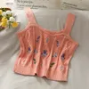 Pearl Diary Women Knitted Crop Camis Top Ladies Floral Embroidery Knitted Short Vest Summer Sweater Vintage Tank Crop Camis Top 220607