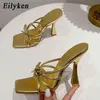 Eilyken, nuevo diseño, moda, nudo de mariposa, punta cuadrada, zapatillas moradas, tacones altos, sandalias de verano para mujer, zapatos deslizantes