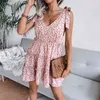 Summer Resort Style Casual Lace-Up V-Neck Floral Chiffon Dress Y220401