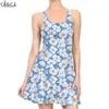 Women Dress White Flower 3D Printed Mini Dress for Fashion Female Sleeveless Kneelength Dress Elegant Blue Dresses 220616