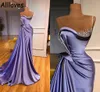 Satin Silk Sparkle Crystals Prom Dresses Elegant Sheer Neck Ruched Beads Mermaid Evening Party Gowns Sexy High Slit Sweep Train Formal Wear Robe De Soiree