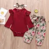 Vêtements de filles Set Baby Optifits Kids Ruffle Ruffle Long Mancheur Raiper Tops + Pantalon Floral + Bowknot Bandband 3PCS / Set Enfants Designer Clothes