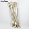 Sorbern Light Gold Glänsande Stövlar Mesh Cross Block Heel Long Summer Boot Chunky Heeled Lår Hög Kvinna Boot Anpassad Färger