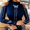 Kvinnors blusar skjortor 2022 Spring Style Fashion Casual T-shirt Butterfly Diamond Round Neck Solid Off Shoulder Long Sleeve Top