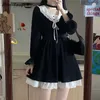 Autumn Black ita Dres Patchwork Elegant Vintage Party Mini Dress Female Casual Bow High Waist Korean Kawaii 220402