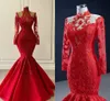 Red Applique Mermaid Prom Dresses avondjurk 2022 Echte afbeelding Hoge nek Illusie Zange mouw Lace-up korset Prinses Trumpet Dress