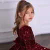 2022 Sequin Burgundy Baby Girl Dress Velvet Full Sleeves Flower Dress Knee Length Dresses For Girls Bow Puffy First Communion B0602A13