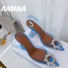 Lüks Tasarımcı Amina Muaddi sandalet Yeni şeffaf Begüm Cam Pvc Kristal Şeffaf Arkası Açık Topuklu Sandalet Topuk Pompaları 100mm Mavi kristal süslemeli ayakkabı pompaları