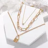 Pendant Necklaces Women Hip Hop Gold Padlock Heart Lock Pendants Multi-layer Thick Chain Statement Necklace Sweater Jewelry