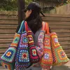 Retro etnisk stil stor tote för kvinnor bomull virkning handväska shoppare ihålig axel väska damer sommarstrand underarm ins 220627