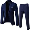 Men's Suits & Blazers 2Pcs Set Men Suit Solid Color Long Sleeve Lapel Slim Button Business Work Clothes SuitsMen's