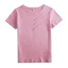 Krótki rękaw Summer Women Bringbed Bawełniane Koszulki Kobiet Przycisk Luźne Casual Moda Koszulki Blue O-Neck Korea Topy S-3XL 220321