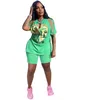 Summer Plus Size Women Clothing New Print Tracksuits Woman Hip Hop Street Split Tassel Short Sleeve T-shirt Shorts Set