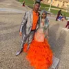 ASO EBI Style Plus Size Orange Mermaid Prom Dresses Volledige Mouwen Sheer Applique Lace Tiered Ruffles Avond Formele Engagemtn Town