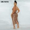 CM.YAYA Women Sequined Sleeveless Lace Up Backless Spaghetti Strap Bodycon Midi Mid-calf Length Sexy Party Dress 220516