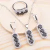 Boucles d'oreilles Collier Noir Zircone Argent Couleur Ensemble de Bijoux Pour Femmes Bracelet de Fiançailles Pendentif Anneau Brithday Cadeau QS0703Earrings