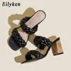 Eilyken Summer Weave Women Slippers Slides Open Toe Low High Heels Shoes Sandal Female Leisure Beach Green White Flip Flops