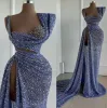 2022 Dusty Blue Sequins Prom Dresses Sleeveless Custom Made High Split Sheath Straps Designer Neckline Evenig Party Gowns Formal Ocn Wear Vestidos