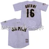 코브 탑 품질 1 일본 사무라이 16 Shohei Ohtani Black White Stripe Pinstriped Hokkaido Nippon Ham Fighters Jersey 영화 스티치 야구