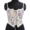 Women Floral Lace Camis Cropped Corset Fashion Linen Flower Printed Tanks Vintage Plastic Boned Overbust Bustier Tupe Tops Cyber Baby Tee Ropa Fairycore XXS-3XL