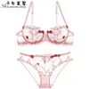 Shaonvmeiwu sexy lingerie transparente broderie de dentelle mince mince soutien-gorge rose costume de soutien-gorge de fruits de cerise LJ200814
