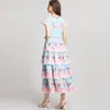 꽃 무늬 프린트 캐스케이딩 주름 짧은 슬리브 럭셔리 드레스 드레스 여성 디자이너 2022 파티 멍청이 로브 팜미