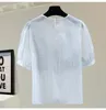 Kadınlar bluz gömlekleri dantel puflu manşon yuvarlak boyun tişört kadınlar için 2022 yaz t gömlek gevşek boncuklu kontrast renk tişörtleri üst gündüz c