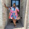 Plus Size Dresses Casual Tie Dye Print Pleated Shirt Contrast Color Puff Sleeve Ruched DressPlus