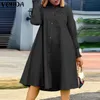 Abito longuette donna VONDA Casual manica lunga Vestido Vintage tinta unita bavero colletto oversize abito estivo abito femme 220521