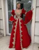 Lyxig röd arabisk Kosovo Aftonklänningar Caftan Applique Crystal Gold Lace Flare Sleeve Dubai Kaftan Prom Formell Gown Plus Storlek
