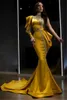 Aplike Boncukları ile Glamous Gold Gece Elbise Zarif Bir Omuz Uzun Kollu Piller Fırfırlar Uzun Partisi Festival Wome174J