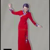 Ethnic Clothing Burgundry Women Tibetan Gown Chinese Slim Stage Shoe Cross Collar Robe Dress Long Sleeve Performance Vestidos