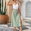 Green Boho Split Thigh Allover Print Women Skirts Elegant Dresses Slit Long Length High Waist With Zipper Slight Stretch 220702