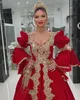 Luksusowy Czerwony Arabski Kosowo Suknie Wieczorowe Caftan Aplikacja Crystal Gold Lace Flare Rękaw Dubaj Kaftan Prom Formalna Suknia Plus Rozmiar