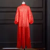 Plus Size Jurken Rood Maxi Shirt Dames Lange Mouw See Through Striped Stand Collar A Line Casual Longue Robes Vestidos Elegante