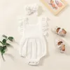 5 Colors Summer born Infant Baby Girls Cotton Linen Rompers Ruffles Sleeveless Solid Jumpsuits Headband Clothes Outfits 220525