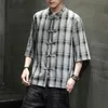 Männer Casual Hemden Chinesischen Stil Plaid Kleidung Lose Halbe Hülse Hemd Männer Sommer Qualität Baumwolle Leinen Übergroßen Stehkragen chemise Homme