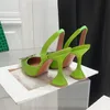 Amina Muaddi Damessandalen lederen zool ontwerper hoge hakken 10cm kristal diamanten ketting decoratie banket damesschoenen YGreen zijde bruiloft sexy formele slippers